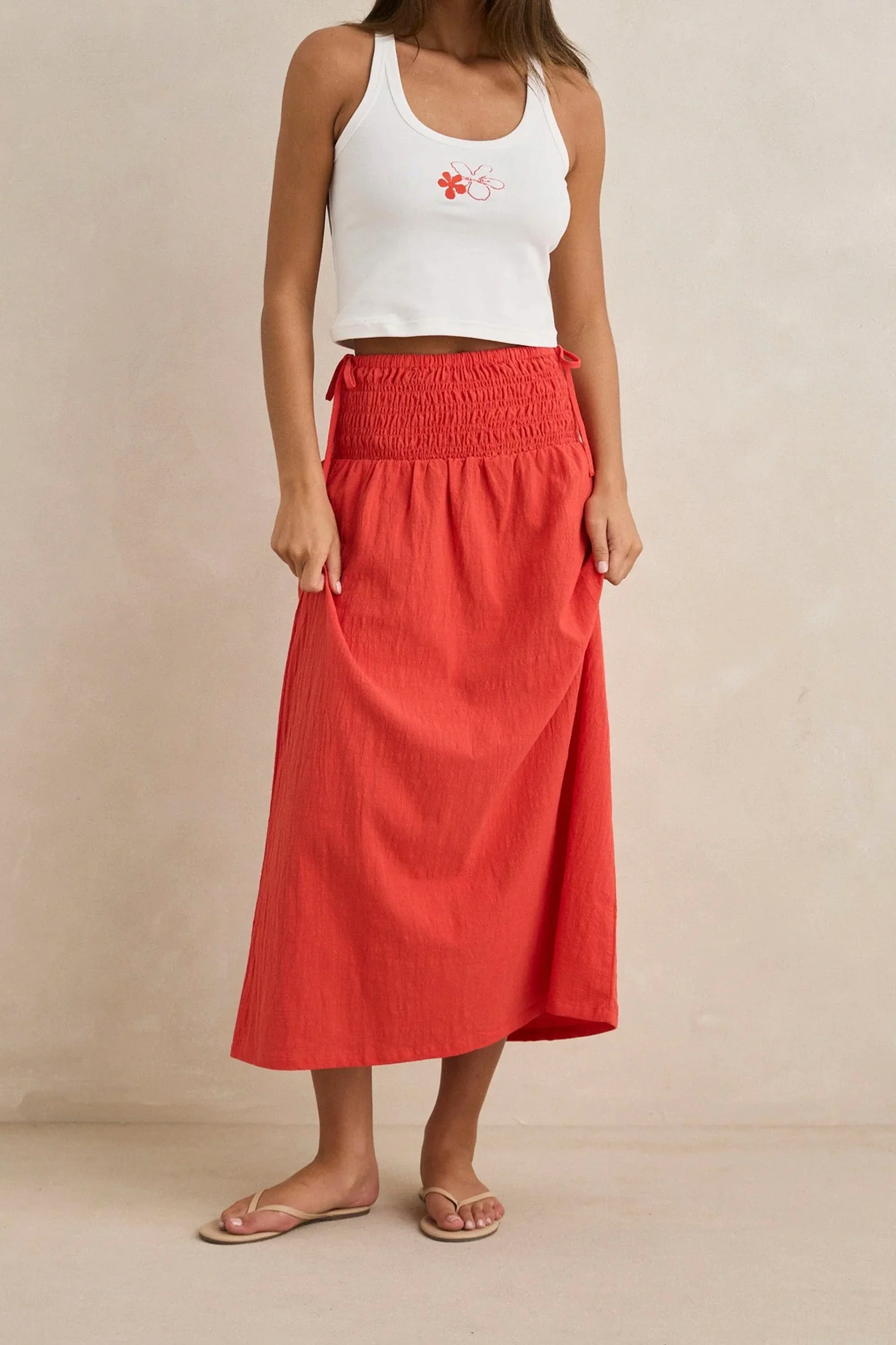 RHYTHM - ALANA TIE SIDE MAXI SKIRT - RED